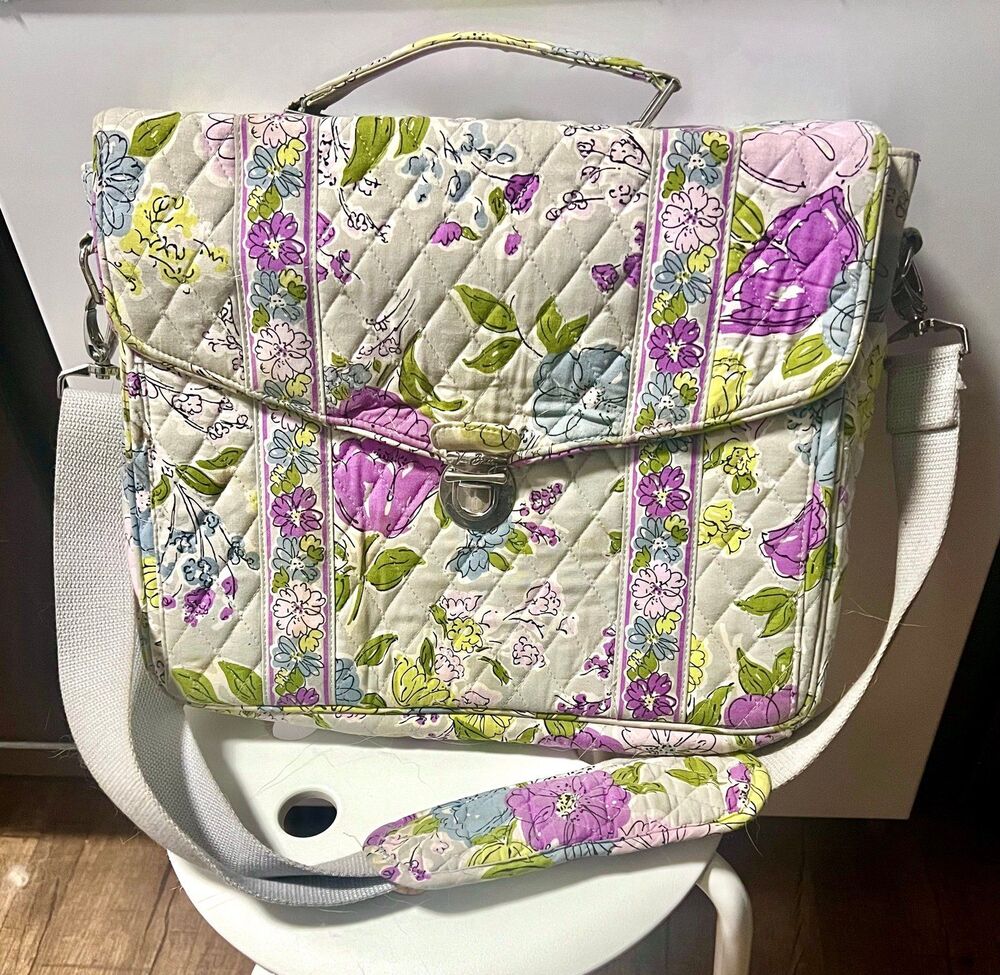 Vera Bradley Watercolor Quilted Laptop Messenger Bag Grey Floral Retired